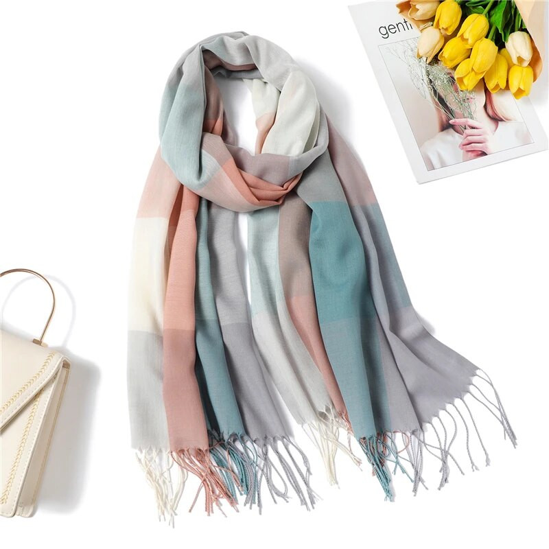 Luksuzni ženski karirani šal Imitacija kašmira Šalovi s resicama Ženski šalovi Foulard Hidžab Omotači za glavu Pashmina Bufanda