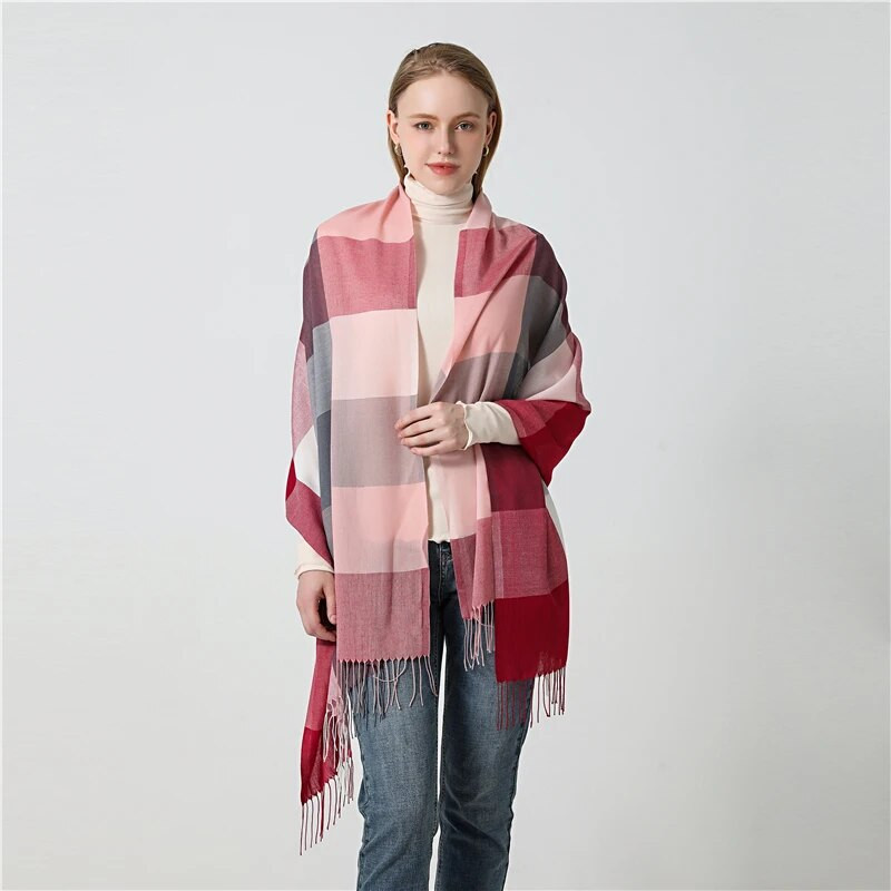 Luksuzni ženski karirani šal Imitacija kašmira Šalovi s resicama Ženski šalovi Foulard Hidžab Omotači za glavu Pashmina Bufanda