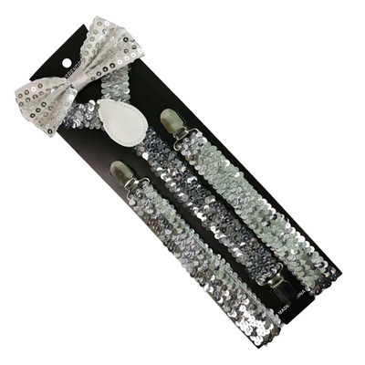 Divat Női Férfi Kis flitteres Arany Ezüst Féktartók Csokornyakkendő szett Clip-on Elasztikus Y-alakú hátsó merevítők Női Férfi