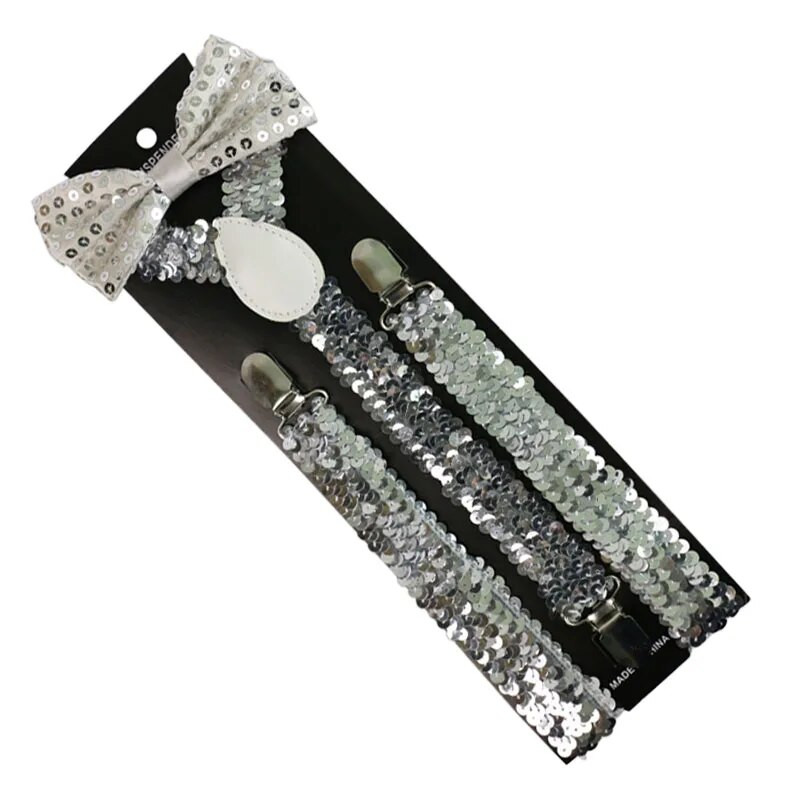 Divat Női Férfi Kis flitteres Arany Ezüst Féktartók Csokornyakkendő szett Clip-on Elasztikus Y-alakú hátsó merevítők Női Férfi