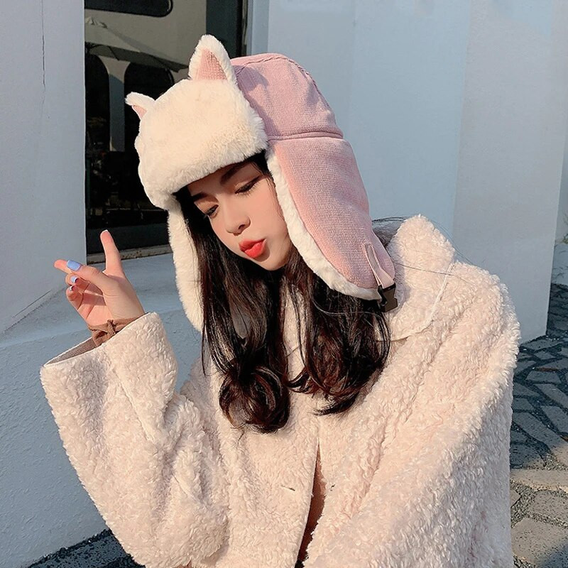 Sievietēm siltas ausu aizbāžņi, bieza cepure ar ausīm, ziemas kašmira plīša kokvilnas cepure kaķu ausu cepure 2021. gada ziemas krievu bumbvedēja cepure