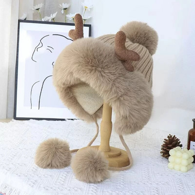 Žieminė kepurė Moteriški Ragai Dirbtinio kailio megztiniai kepurės Madingi kalėdiniai kepuraitės pavasario ir rudens apsauga nuo šalčio šilti dviračių kepuraitės