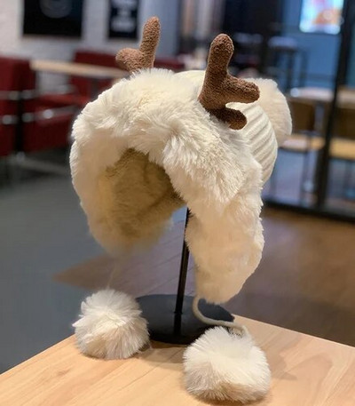 Žieminė kepurė Moteriški Ragai Dirbtinio kailio megztiniai kepurės Madingi kalėdiniai kepuraitės pavasario ir rudens apsauga nuo šalčio šilti dviračių kepuraitės