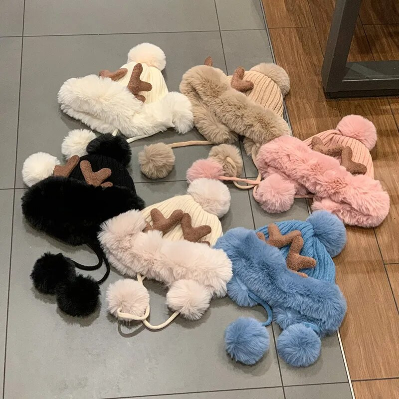 Žieminė kepurė Moteriški Ragai Dirbtinio kailio megztiniai kepurės Madingi kalėdiniai kepuraitės pavasario ir rudens apsauga nuo šalčio šilti dviračių kepuraitės