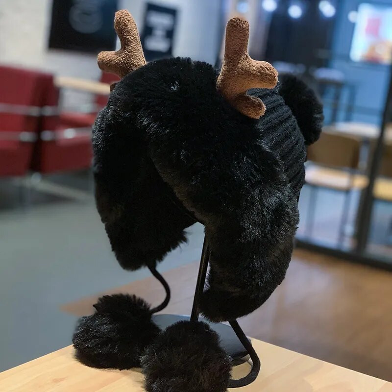 Žieminė kepurė Moteriški Ragai Dirbtinio kailio megztiniai kepurės Madingi kalėdiniai kepuraitės pavasario ir rudens apsauga nuo šalčio šilti dviračių kepuraitės