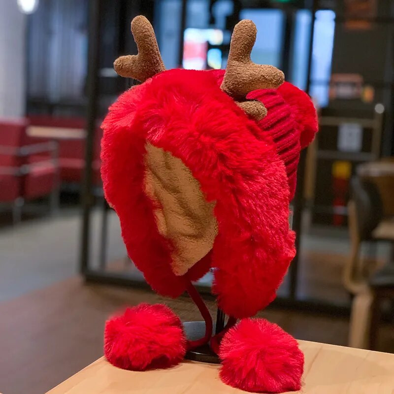 Žieminė kepurė Moteriški Ragai Dirbtinio kailio megztiniai kepurės Madingi kalėdiniai kepuraitės pavasario ir rudens apsauga nuo šalčio šilti dviračių kepuraitės