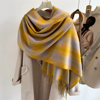 Topli putni šal od kariranog printa od kašmira Ženski šal Luksuzni zimski pokrivač od pašmine Debeli Bufanda omoti s resicama Ležerni Echarpe