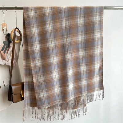 Topli putni šal od kariranog printa od kašmira Ženski šal Luksuzni zimski pokrivač od pašmine Debeli Bufanda omoti s resicama Ležerni Echarpe