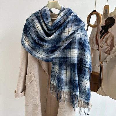 Topli putni šal od kariranog printa od kašmira Ženski šal Luksuzni zimski pokrivač od pašmine Debeli Bufanda omoti s resicama Ležerni Echarpe