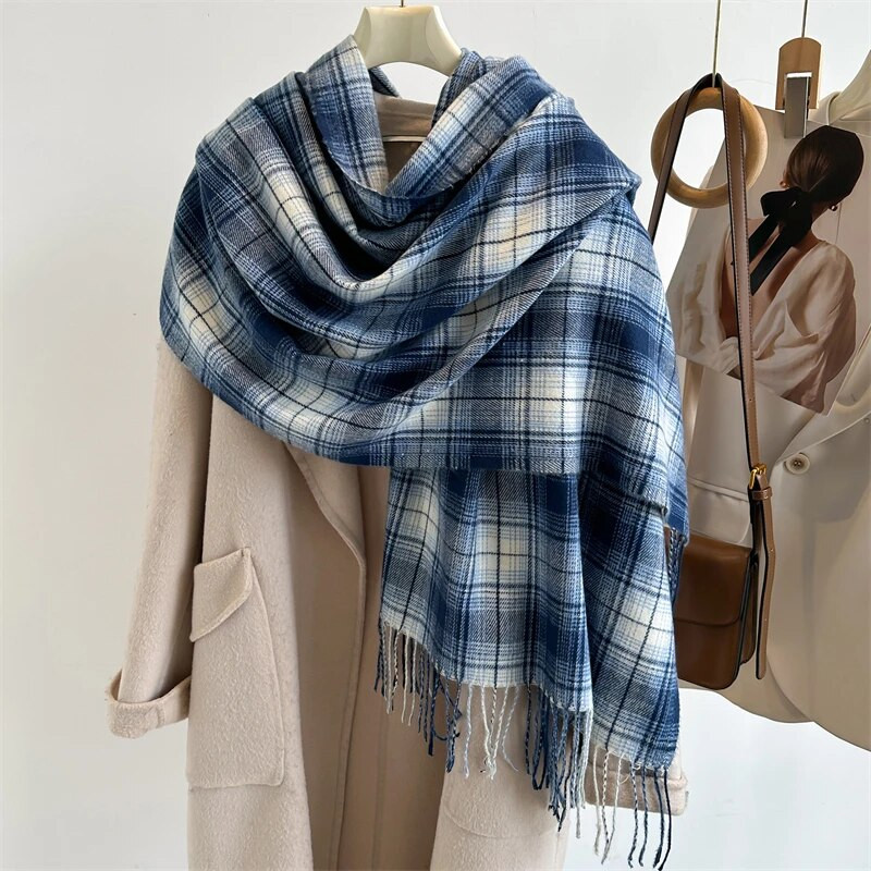 Topli putni šal od kariranog printa od kašmira Ženski šal Luksuzni zimski pokrivač od pašmine Debeli Bufanda omoti s resicama Ležerni Echarpe