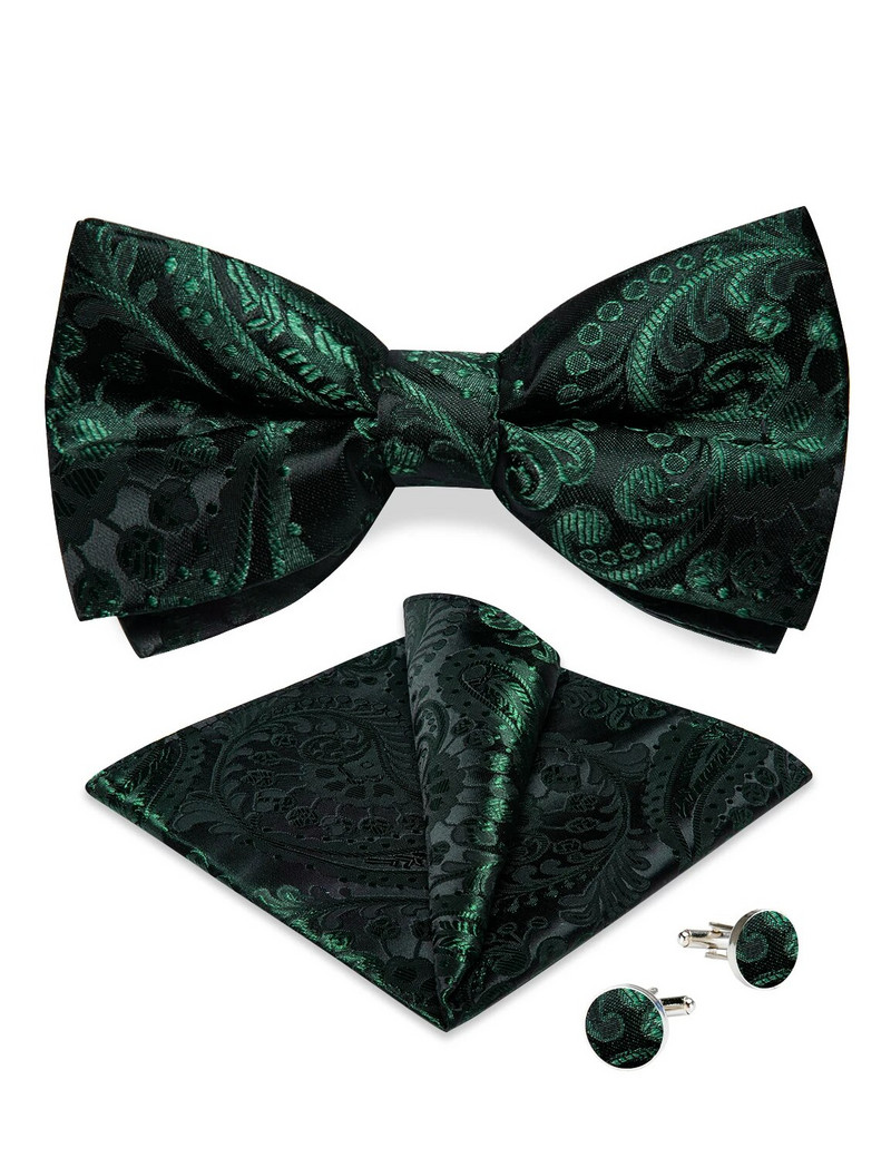 Jacquard zöld fekete Paisley előre megkötött csokornyakkendő férfiaknak állítható selyem csokornyakkendő esküvői szőtt pillangócsomós kéztörlő mandzsettagomb