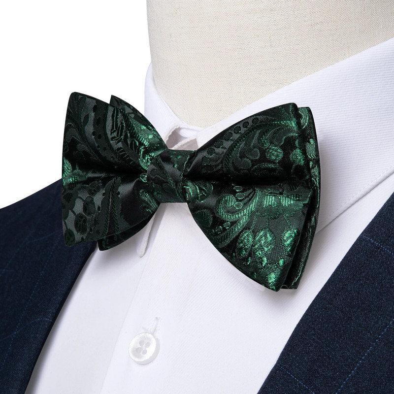 Jacquard zöld fekete Paisley előre megkötött csokornyakkendő férfiaknak állítható selyem csokornyakkendő esküvői szőtt pillangócsomós kéztörlő mandzsettagomb