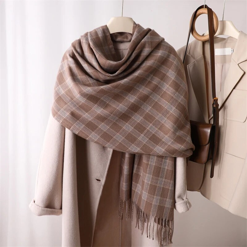 Ženska modna topla deka od kašmira, zimski šal, novi dizajn, karirani pašmijan, topla zimska putna bufanda marama s resicama