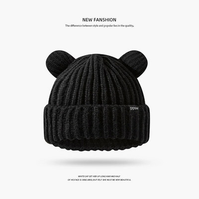 2022 m. Moteriškos vienspalvės megztos mielos meškos ausytės vilnos kepurė suaugusiems minkšta pliušinė stora lauko ausų apsauga, skirta šiltai kepurėlei, moteriška kepurė