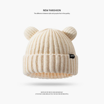 2022 m. Moteriškos vienspalvės megztos mielos meškos ausytės vilnos kepurė suaugusiems minkšta pliušinė stora lauko ausų apsauga, skirta šiltai kepurėlei, moteriška kepurė