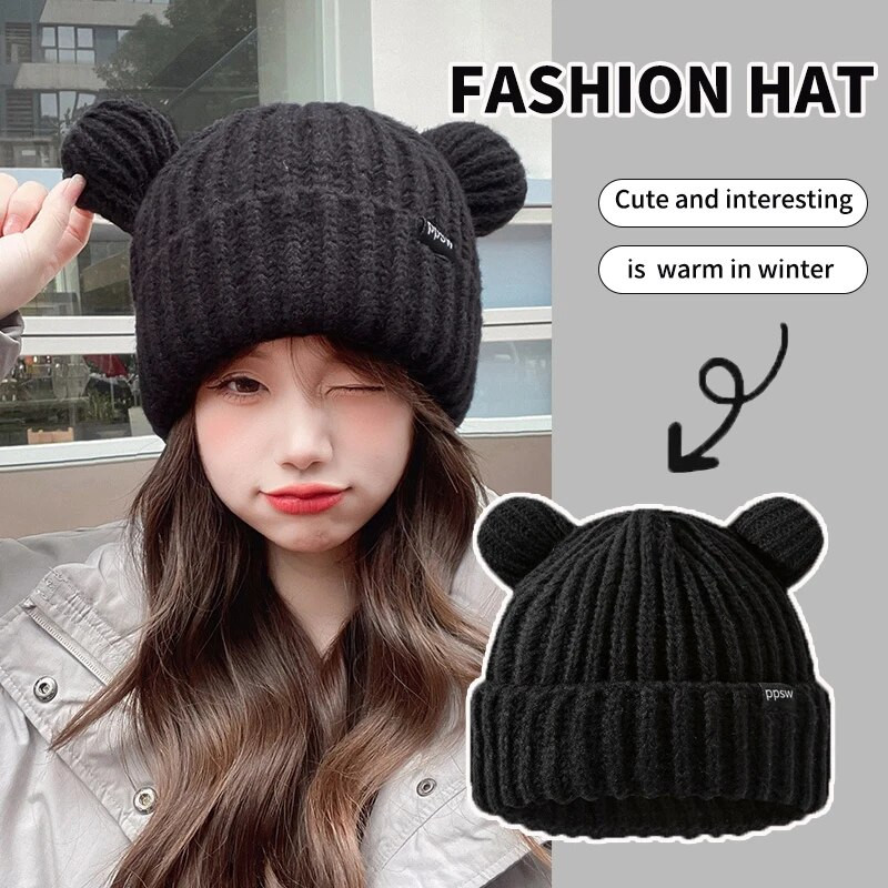 2022 m. Moteriškos vienspalvės megztos mielos meškos ausytės vilnos kepurė suaugusiems minkšta pliušinė stora lauko ausų apsauga, skirta šiltai kepurėlei, moteriška kepurė