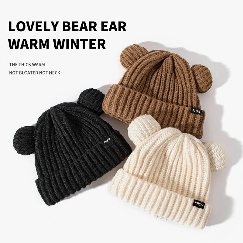 2022 m. Moteriškos vienspalvės megztos mielos meškos ausytės vilnos kepurė suaugusiems minkšta pliušinė stora lauko ausų apsauga, skirta šiltai kepurėlei, moteriška kepurė