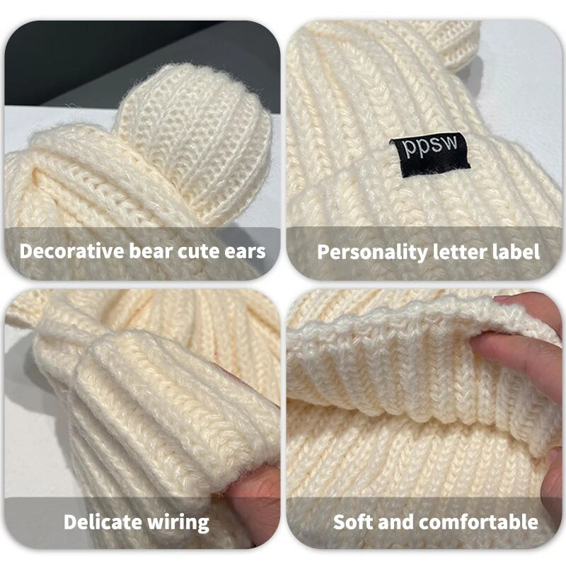 2022 m. Moteriškos vienspalvės megztos mielos meškos ausytės vilnos kepurė suaugusiems minkšta pliušinė stora lauko ausų apsauga, skirta šiltai kepurėlei, moteriška kepurė