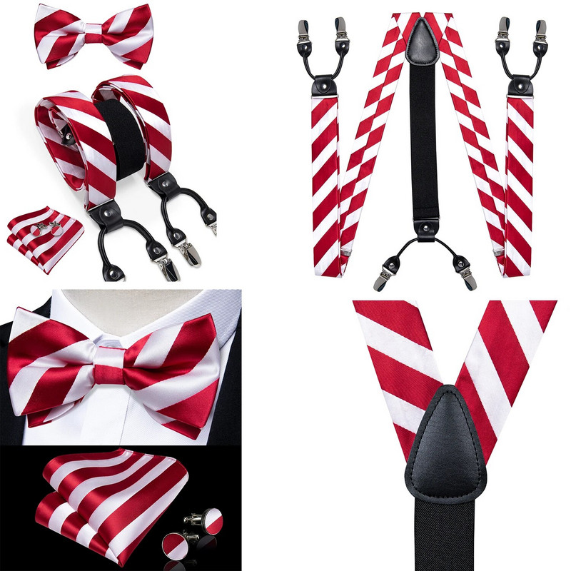 Klasszikus karácsonyi csíkos nadrágtartó, rugalmas, állítható merevítős nadrágok farmernadrág Y Hátsó nadrágtartók csokornyakkendő négyzet alakú szett fém klip