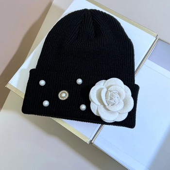 Επώνυμα Flower Winter Beanie καπέλο ακρυλικά πλεκτά καπέλα για γυναίκες Μαλακά ζεστά καπέλα με μανσέτες για κορίτσια Πλεκτά καπέλα εξωτερικού χώρου
