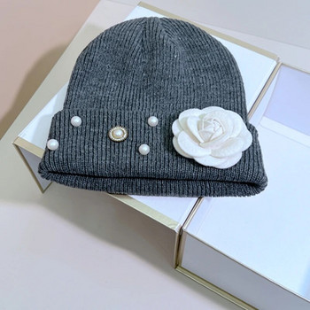 Επώνυμα Flower Winter Beanie καπέλο ακρυλικά πλεκτά καπέλα για γυναίκες Μαλακά ζεστά καπέλα με μανσέτες για κορίτσια Πλεκτά καπέλα εξωτερικού χώρου