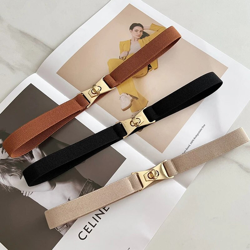 Μόδα χρυσό μεταλλικό πόμολο πόρπη τεντωμένη γυναικεία ζώνη Λεπτή μονόχρωμη Λεπτή ζώνη μέσης σώματος Γυναικείο φόρεμα πουκάμισο κοκαλιάρικο στη μέση