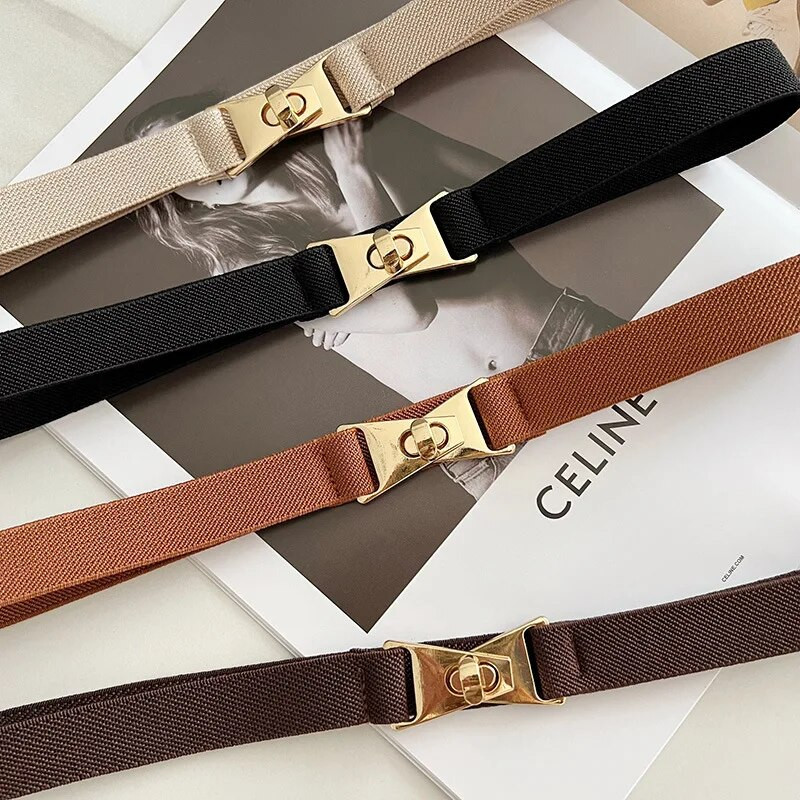 Μόδα χρυσό μεταλλικό πόμολο πόρπη τεντωμένη γυναικεία ζώνη Λεπτή μονόχρωμη Λεπτή ζώνη μέσης σώματος Γυναικείο φόρεμα πουκάμισο κοκαλιάρικο στη μέση