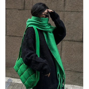 2022 Луксозен кашмирен яркозелен дамски плътен шал Зимен шал и обвивка Бандана Пашмина Пискюл Дамско дебело одеяло