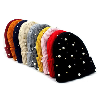 Ziemas trikotāžas beanie sievietēm Sieviešu ikdienišķa āra silta galvas cepure Rhinestone Pērles Adīšanas cepures Sieviešu vienkrāsainas ikdienas