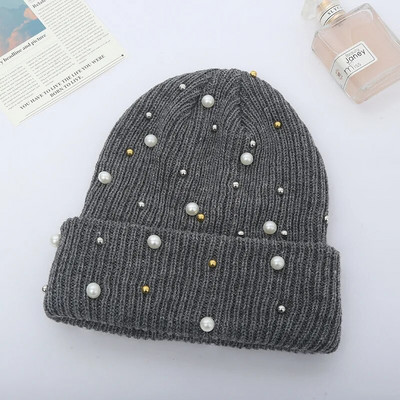 Ziemas trikotāžas beanie sievietēm Sieviešu ikdienišķa āra silta galvas cepure Rhinestone Pērles Adīšanas cepures Sieviešu vienkrāsainas ikdienas
