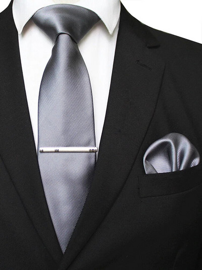 EASTEPIC 8 cm klasiskas pelēkas sarža kaklasaites vīriešiem biznesa kostīmos kaklasaites komplekts ar klipu kabatlakats vīriešu aksesuārs kāzu ballīte