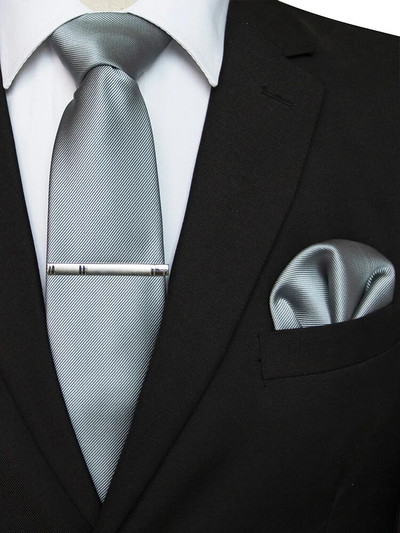 EASTEPIC 8 cm klasiskas pelēkas sarža kaklasaites vīriešiem biznesa kostīmos kaklasaites komplekts ar klipu kabatlakats vīriešu aksesuārs kāzu ballīte