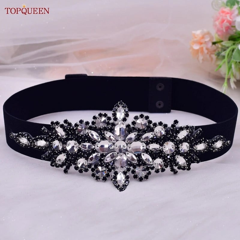 TOPQUEEN S01-B Ženski crni elastični pojasevi za party večernju haljinu sa vještačkim kamenčićima Ženski sjajni pojas Modni dnevni luksuzni