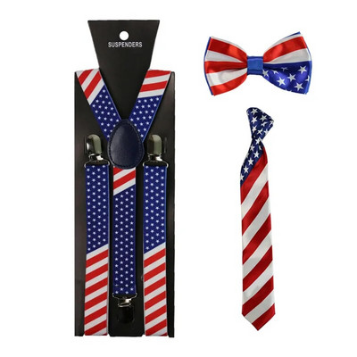 Ζαρτιέρες Fashion America Flag Pattern Σετ γραβάτα και παπιγιόν με κλιπ-on ελαστικά σιδεράκια πλάτης σε σχήμα Y Ζαρτιέρες για γυναίκες άνδρες