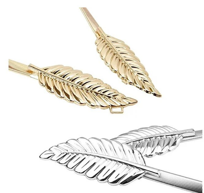 Új divatos női öv női öv vékony női levél kialakítású csattal elülső sztreccs fém derékrész Elasztikus öv Ceinture öv