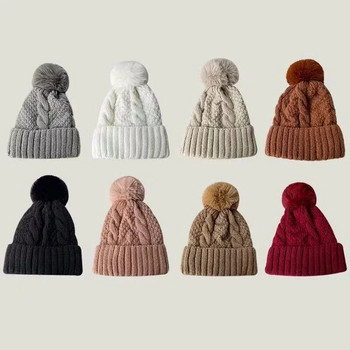 Νέο χειμωνιάτικο καπέλο μονόχρωμο πλεκτό για γυναικεία γούνα Πομπον Χοντρό βελούδινο καπέλο γυναικεία ζεστό σκι Snow Skullies Beanies