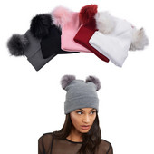 WZCX Double Pompom Skullies Beanes Vienkrāsains Saglabā siltumu āra Unisex Sieviešu elastība Ziemas Pompom Cepure Trikotāžas cepure