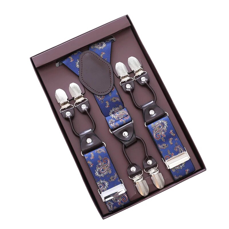 Vintage Paisley nadrágtartók férfiaknak Vőlegények Vőlegények Esküvői Party Y-back 6 fém kapocs Szmoking nadrágtartó, Apa Férj Ajándékok