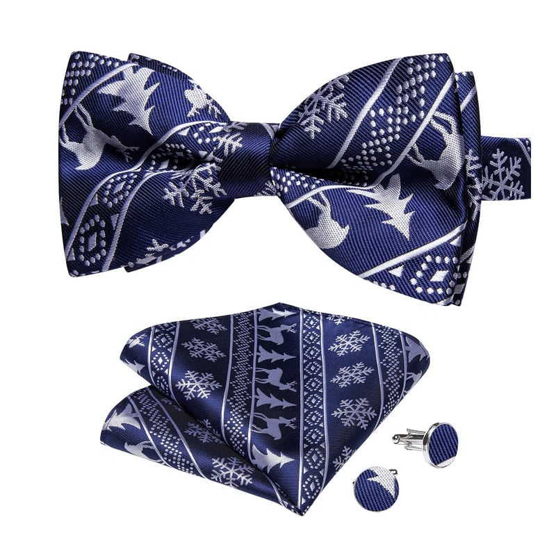 Divatos selyem karácsonyi férfi csokornyakkendő klasszikus kék jávorszarvas hóember mintás nyakkendő előtti csokornyakkendő férfinak zseb négyzet mandzsettagomb készlet ajándék