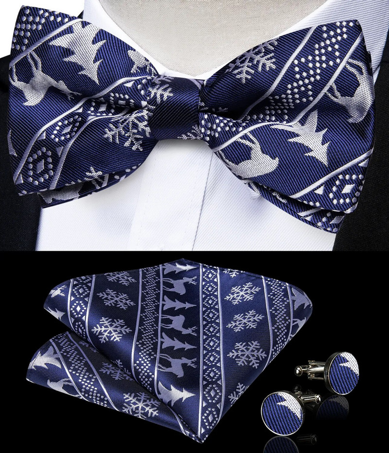 Divatos selyem karácsonyi férfi csokornyakkendő klasszikus kék jávorszarvas hóember mintás nyakkendő előtti csokornyakkendő férfinak zseb négyzet mandzsettagomb készlet ajándék
