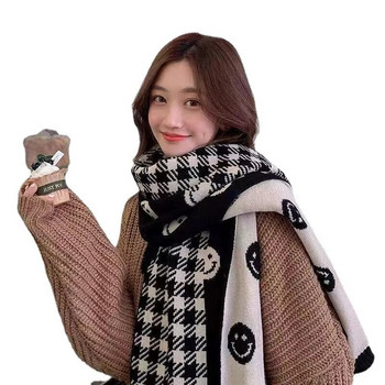 Ζεστό πλεκτό κοκαλιάρικο κασκόλ Μόδα χαμογελαστό σχέδιο Μάλλινο μαντήλι γιαρμ Γυναικείο κορεατικό καρό σάλι τυλίγει Foulard 2022