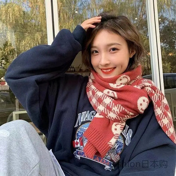 Топъл плетен кльощав дамски шал Моден усмихнат дизайн Вълнена кърпа за врат Женски корейски стил Кариран шал Обвивки Фулар 2022