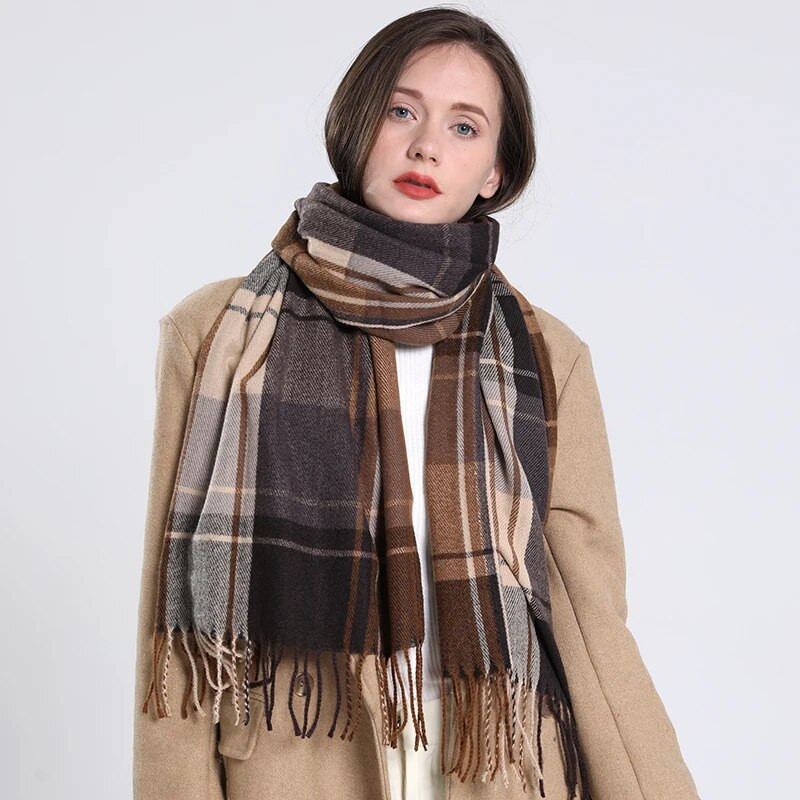 Luksuzni karirani šal, zima, topli kašmir, žene, duga bandana, pašmina, ženski šalovi, šalovi s resicama, dizajn 2022.
