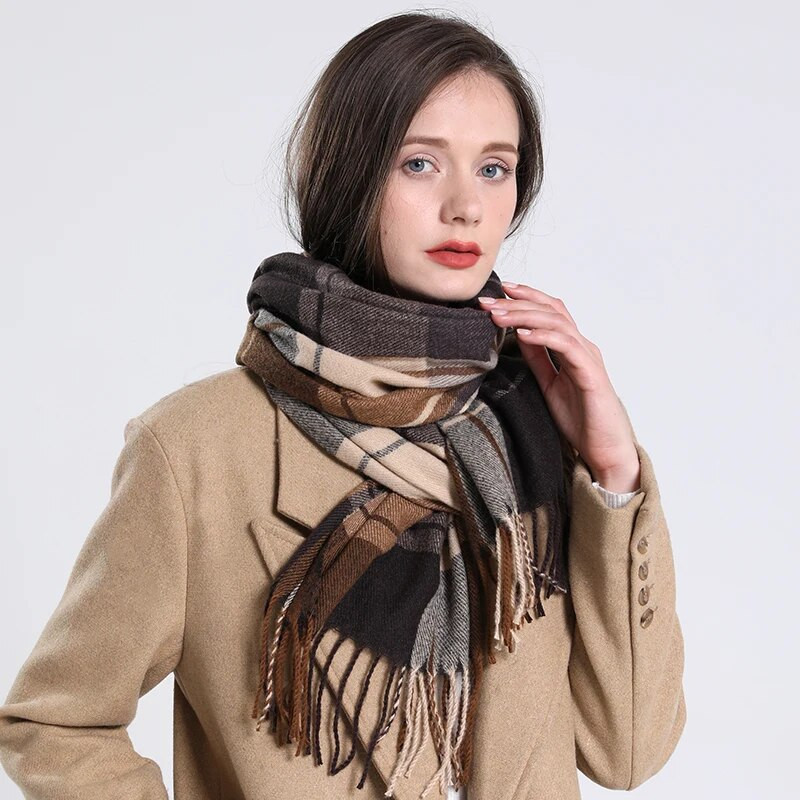 Luksuzni karirani šal, zima, topli kašmir, žene, duga bandana, pašmina, ženski šalovi, šalovi s resicama, dizajn 2022.