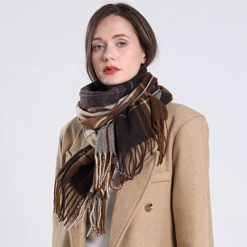 Luksuzni karirani šal, zima, topli kašmir, žene, duga bandana, pašmina, ženski šalovi, šalovi s resicama, dizajn 2022.