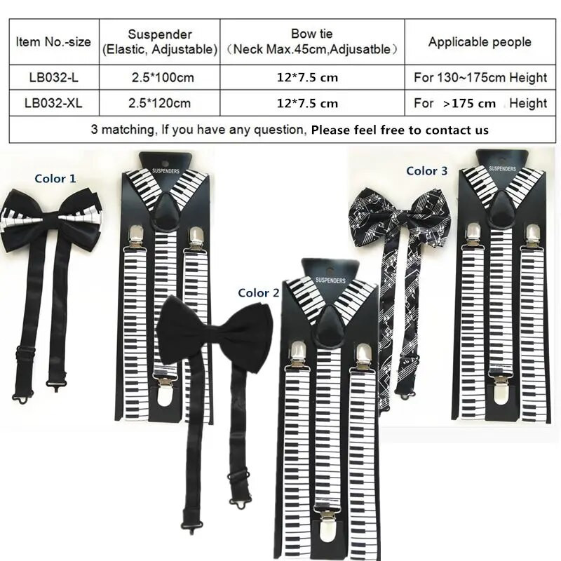 Unisex set leptir mašna s klavirskim ključem naramenice u obliku slova Y Kompleti leptir mašni za muškarce Žene za vjenčanje Dodaci za košulje LB032