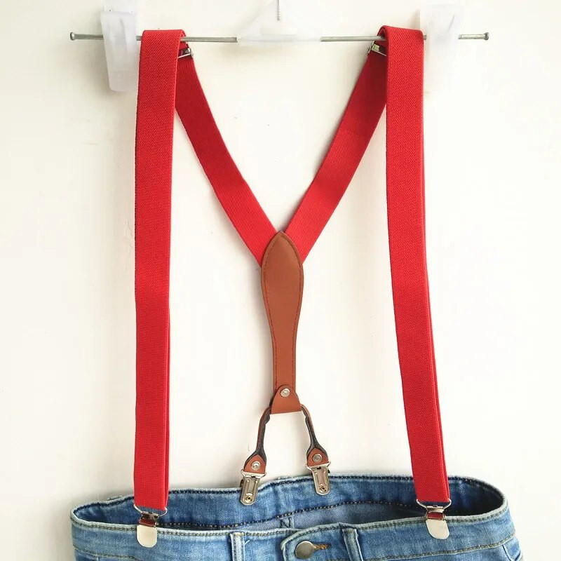 Piros színű Női Férfi Pu Bőr nadrágtartók Csokornyakkendő Szettek Magas Elasztikus Szíj Erős csíptetős csokornyakkendő szett Felnőtt fiúknak LB027