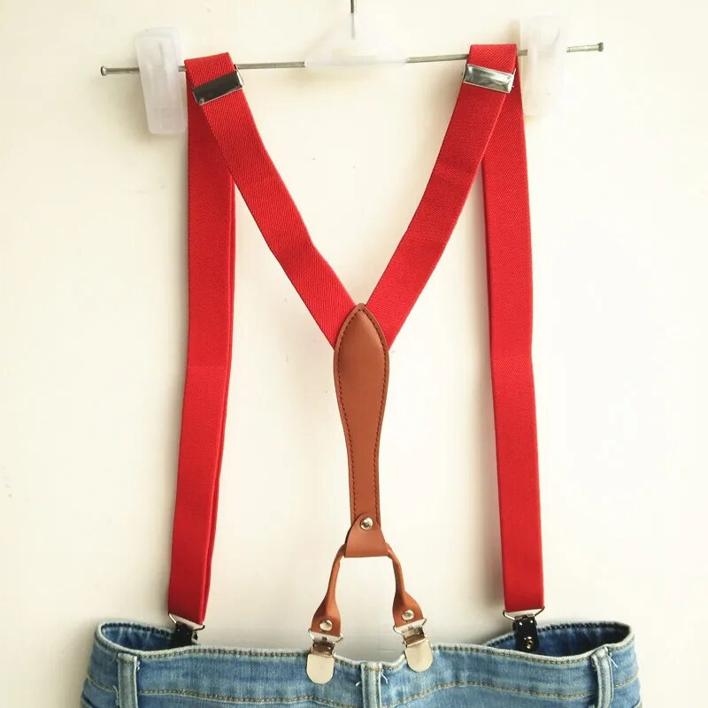 Piros színű Női Férfi Pu Bőr nadrágtartók Csokornyakkendő Szettek Magas Elasztikus Szíj Erős csíptetős csokornyakkendő szett Felnőtt fiúknak LB027