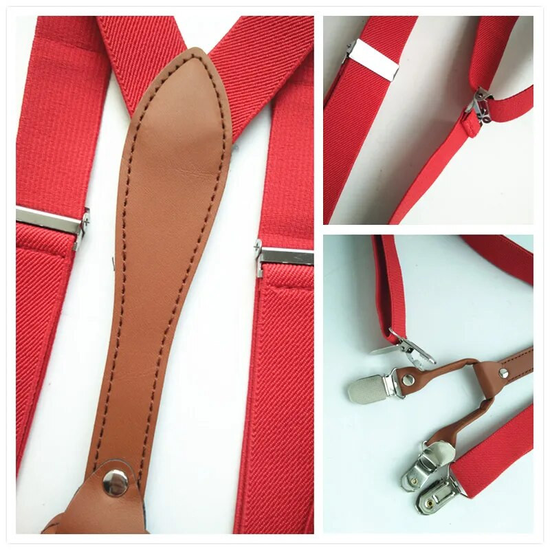 Piros színű Női Férfi Pu Bőr nadrágtartók Csokornyakkendő Szettek Magas Elasztikus Szíj Erős csíptetős csokornyakkendő szett Felnőtt fiúknak LB027