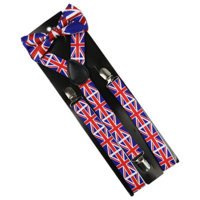 Férfi/Női Ruházat Horganyzott csokornyakkendő szett Clip-on elasztikus Y-alakú állítható, piros brit zászló mintás nadrágtartó csokornyakkendő szett